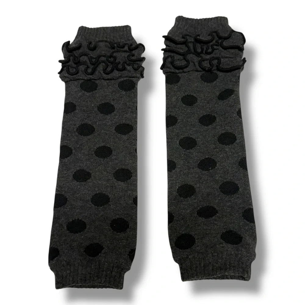 Kids Polka Dot Leg Warmers Charcoal Grey Black Ruffle Trim Knit Toddler Baby
